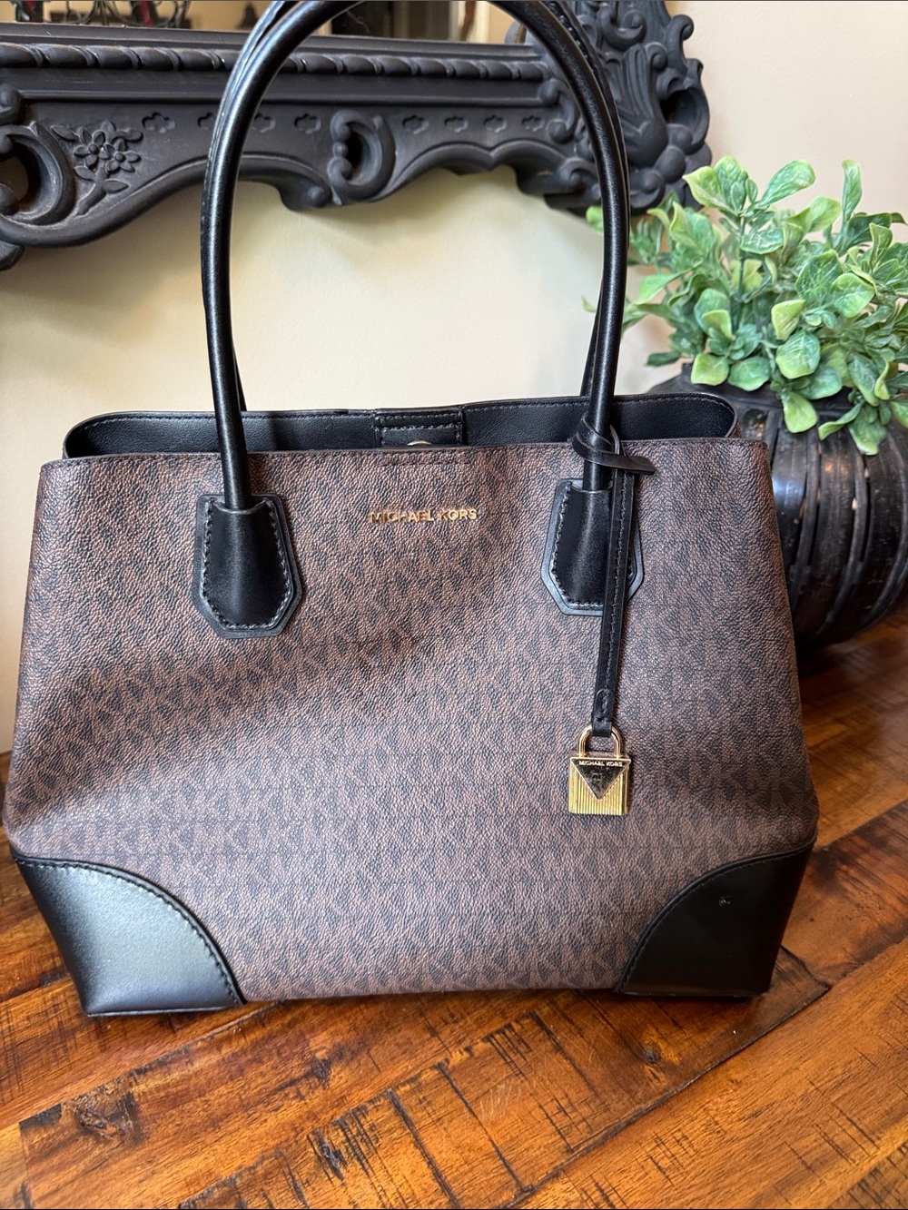 Michael Kors Brown Signature Logo Tote with Black Trim and Gold Accent